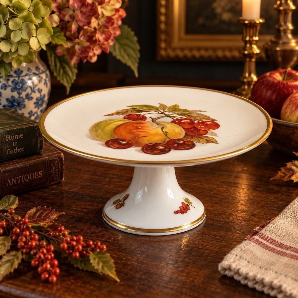 Vintage Golden Crown E&R Orchard Fruit Porcelain Cake Stand Germany Gold 8in